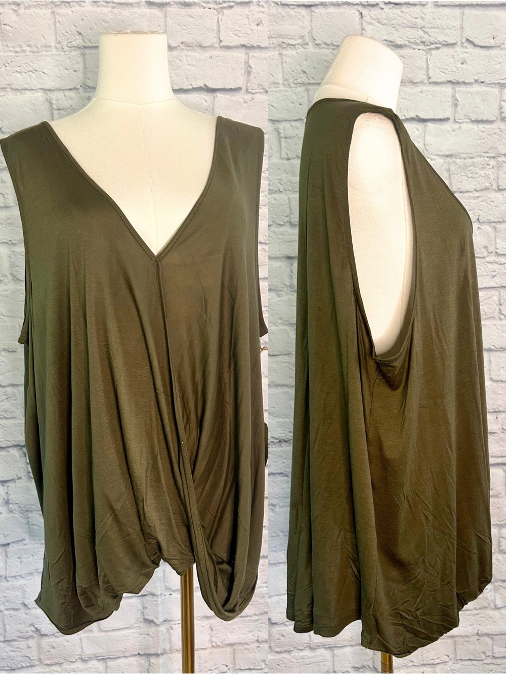 100% Rayon Olive Green Sleeveless Top Twisted Hem V-Neck Tank Draped Flowy Chic